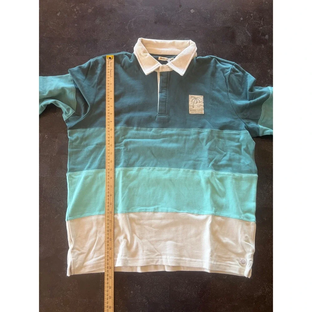 Marine Layer Men M/L Green Colorblock Rugby Shirt Corduroy Collar LongSleeve New